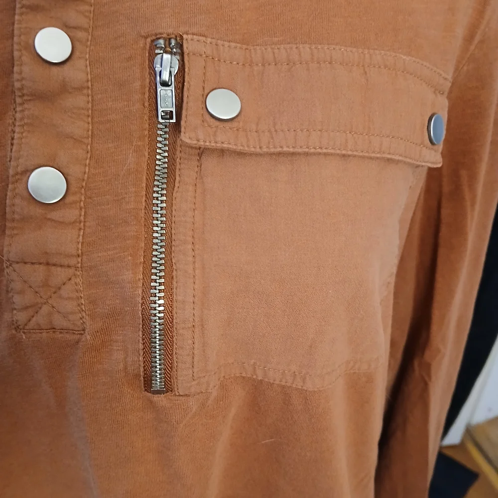 Guess Long-Sleeve Henley with Zip Chest Pocket - Rust Orange - Picture 3 of 5